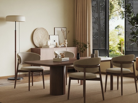 中古风餐厅 餐桌椅 餐边柜su模型