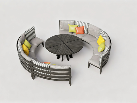 户外休闲家具 户外弧形沙发 多色靠垫庭院沙发su模型