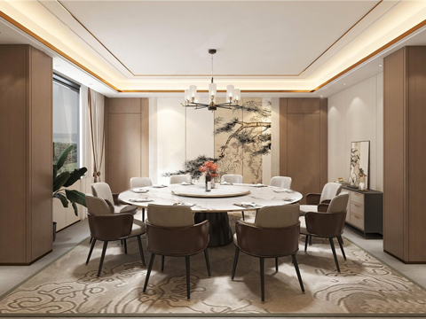 新中式餐厅包厢 酒店包间 餐桌椅su模型