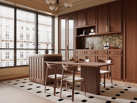  中古风餐厅 岛台 餐边柜3d模型 