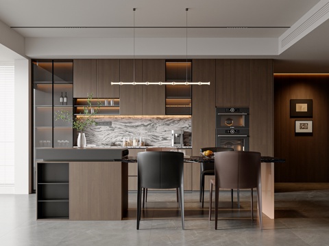  现代意式岛台餐厅 岛台 餐椅 吊灯 餐边柜酒柜 岛台摆件3d模型 