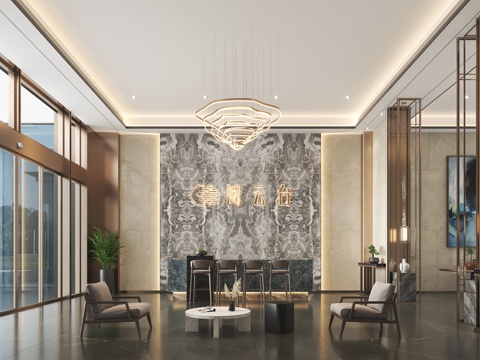  现代售楼部前台接待区吊灯休闲沙发3d模型 