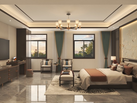  中式酒店客房中式床背景墙3d模型 