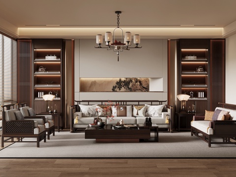 新中式客厅 沙发茶几组合 沙发背景墙su模型