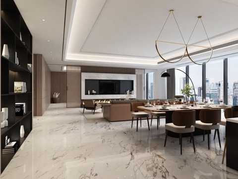  现代意式客餐厅 大平层客餐厅 横厅客餐厅 无主灯客餐厅3d模型 