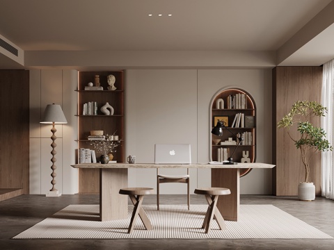 中古风书房 书桌椅 背景墙 书架su模型