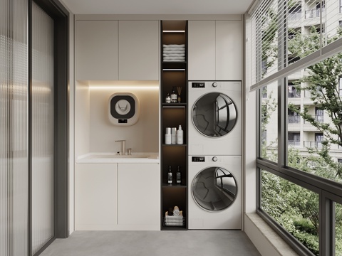 现代阳台 洗衣机柜su模型