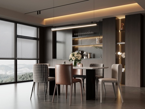 现代意式餐厅 酒柜 餐桌椅su模型