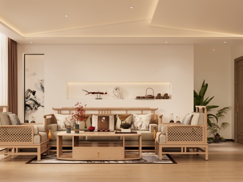  新中式会客厅新中式沙发茶几组合3d模型 