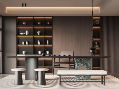 现代意式茶室 茶柜 茶桌椅su模型