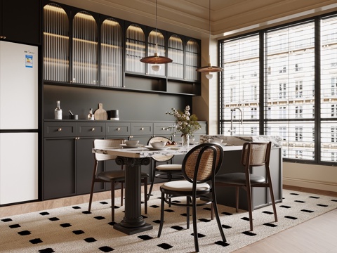 法式餐厅 岛台 餐边柜su模型