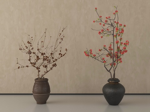 侘寂花瓶花艺  陶罐摆件su模型