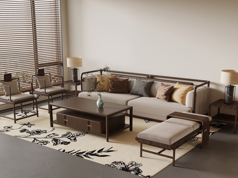 新中式客厅 沙发茶几组合 宋氏风客厅su模型