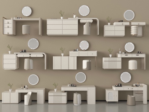 现代梳妆台组合   化妆镜 化妆品su模型