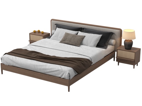  新中式双人床   布艺双人床  床头柜 台灯3d模型 