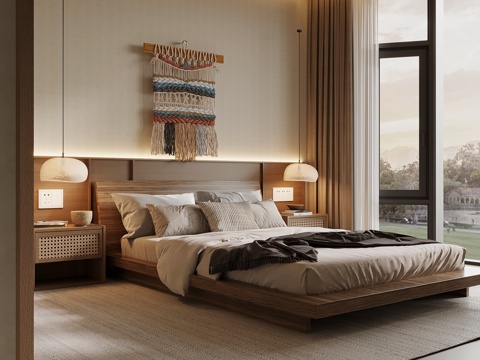 侘寂风卧室 双人床 床头柜su模型