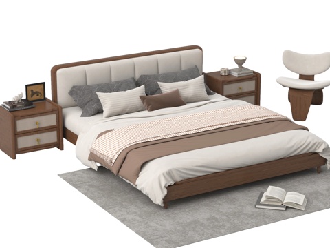 新中式双人床   布艺双人床  床头柜 台灯su模型