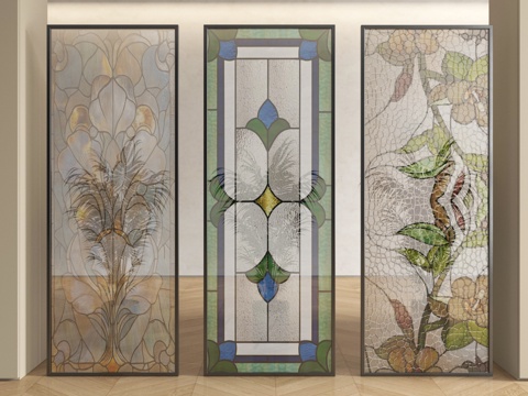 新中式玻璃隔断  玻璃屏风隔断su模型