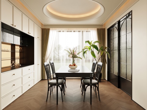 法式复古风餐厅 酒柜 餐桌椅su模型