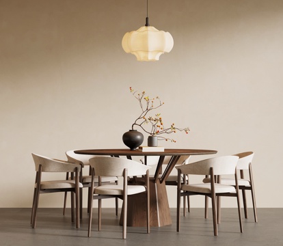 新中式餐桌椅 圆型餐桌 中古餐桌su模型