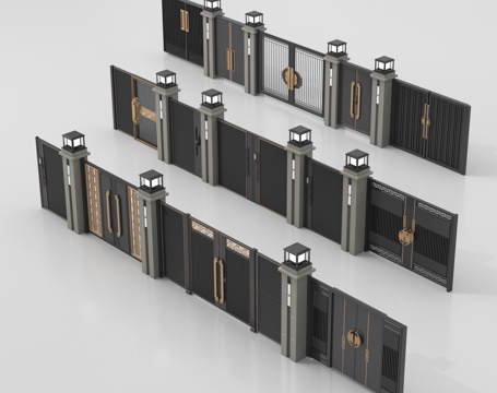 新中式庭院门   围墙 别墅大门   别墅庭院门  庭院铁门su模型