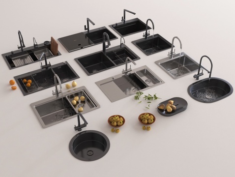 现代水槽洗菜池  洗菜盆水龙头  不锈钢水槽su模型