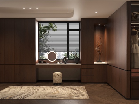 现代意式衣帽间 意式轻奢化妆桌椅 玄关柜艺术雕塑 意式地毯玻su模型