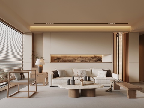 新中式客厅 宋氏风沙发茶几组合 背景墙su模型