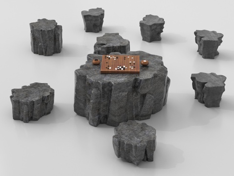 现代石桌椅  庭院石桌椅  户外石茶台  棋桌su模型