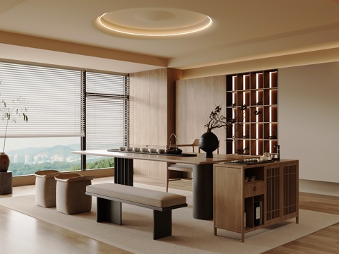 新中式茶室 茶桌椅 茶水柜su模型