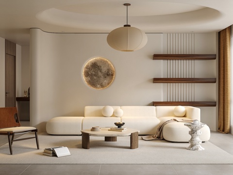 中古侘寂风客厅 沙发茶几组合 绿植 饰品摆件 台灯  背景墙su模型