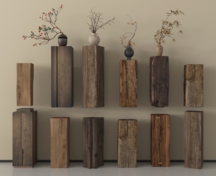 中古柱子花瓶柱墩  老木头柱子su模型