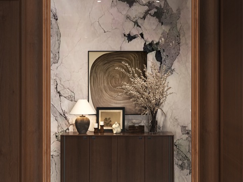 意式玄关门厅背景 老钱风入户端景柜 新中式装饰矮柜 新中式奢su模型