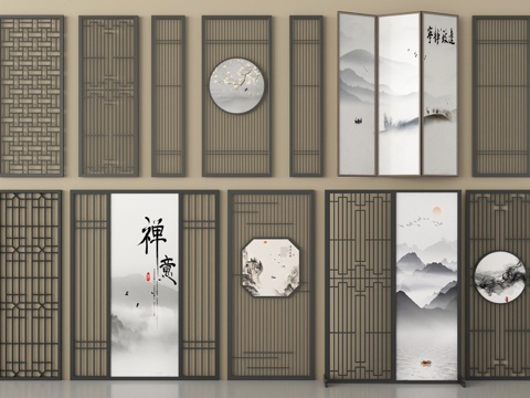 新中式屏风隔断   格栅屏风 木屏风   可折叠屏风su模型