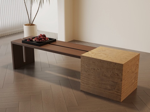 侘寂中古凳子 原木长凳 床尾凳 餐边凳su模型su模型