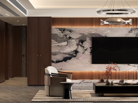  意式老钱风客餐厅 新中式客餐厅酒柜 老钱风电视背景墙 新中式3d模型 