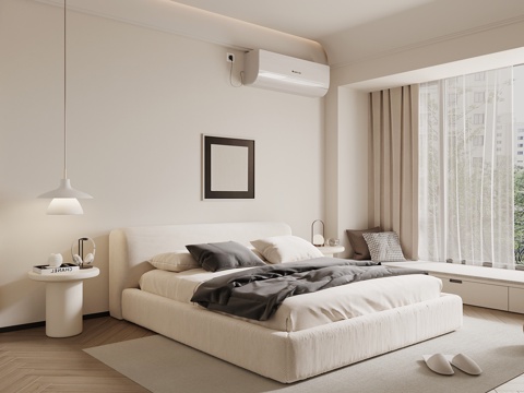 现代卧室 双人床 飘窗台 床头柜su模型