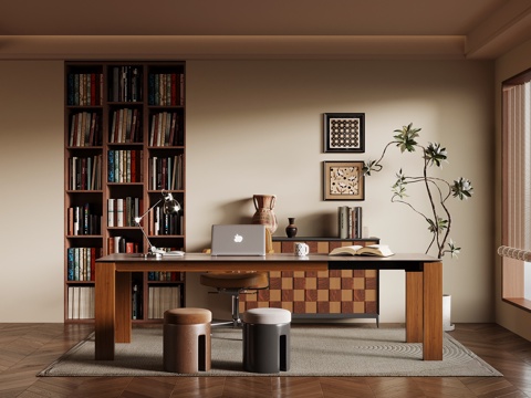 中古风书房 书桌椅 书柜su模型