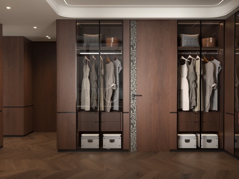 现代意式衣帽间 意式玻璃衣柜 咖色木纹墙板 快速鱼骨拼木地板su模型