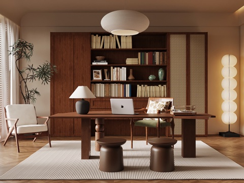 中古风书房 书柜 书桌椅su模型