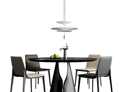 现代简约餐桌椅组合 餐椅 意式餐桌 圆形吊灯 餐桌摆件su模型