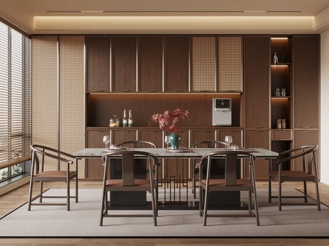 新中式餐厅 餐桌椅 酒柜su模型