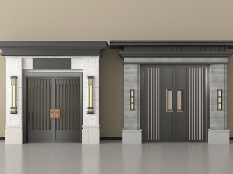 新中式庭院大门   别墅大门   庭院铁艺大门  户外大门su模型