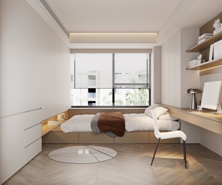 现代榻榻米卧室 双人床 衣柜 书桌椅su模型