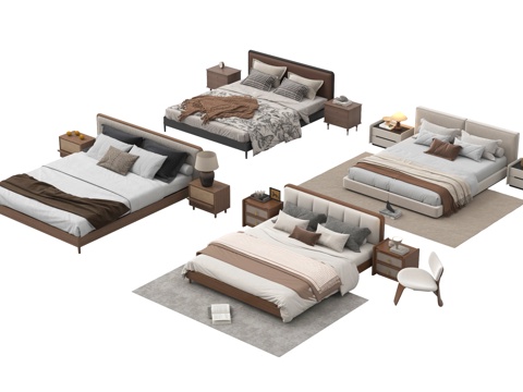 现代双人床组合  床头柜 床品su模型