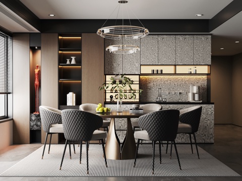 意式现代餐厅 餐桌椅 餐边柜su模型