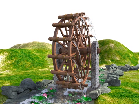 中式水车 水车轮 水车小品 农村改造小品 排水车 乡村小品su模型