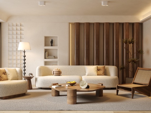 中古侘寂风客厅 沙发茶几组合 绿植 饰品摆件 台灯  背景墙su模型