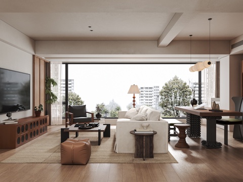  现代中古风客厅3d模型 