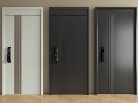 现代防盗门组合  单开门 平开门  指纹锁门su模型